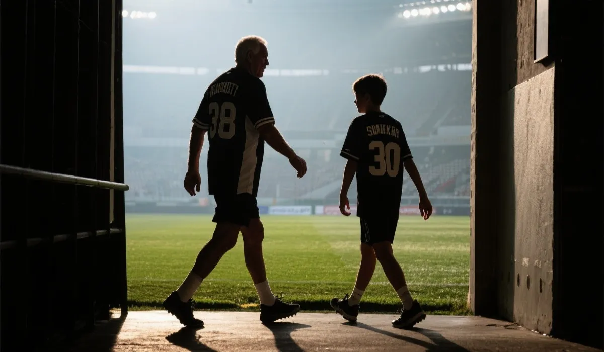 老将离场向看台挥手，新星在远处注视的画面