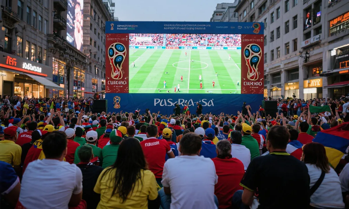 球迷在北美城市街头大屏幕前观看世界杯比赛的场景