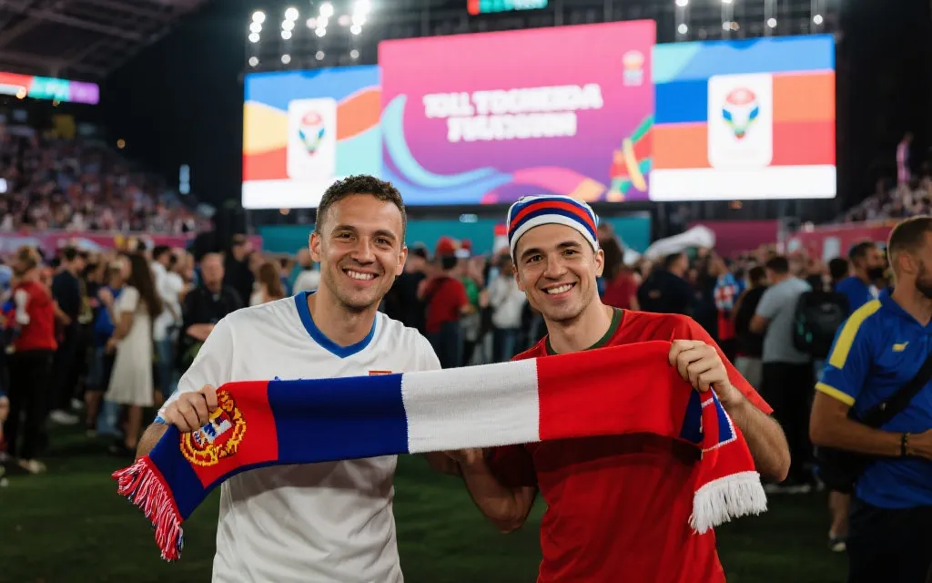 两位来自不同国家的球迷在球迷区互换围巾并合影，背景是大屏幕与灯光