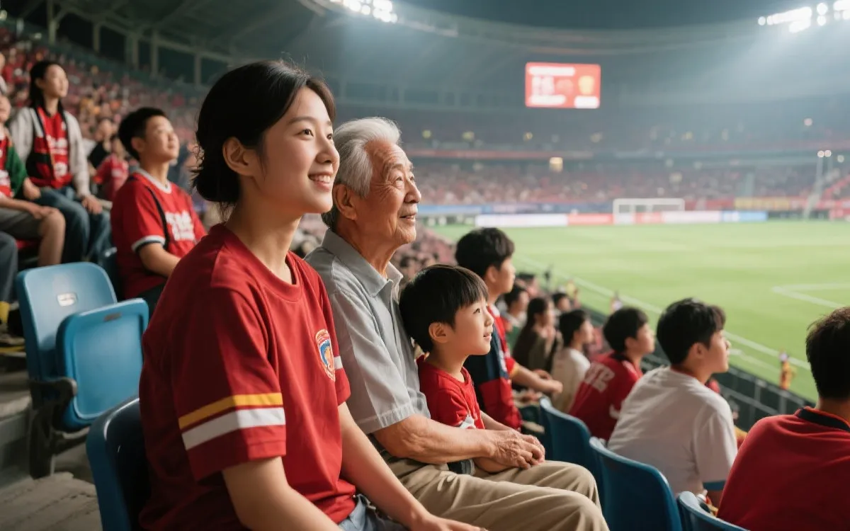 球场看台上不同年龄球迷一起观看比赛的温暖画面