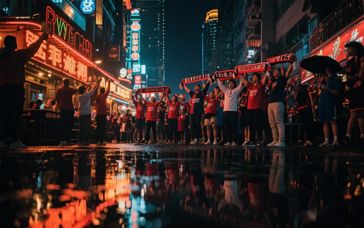 比赛日夜晚的酒吧街与城市地标灯光氛围