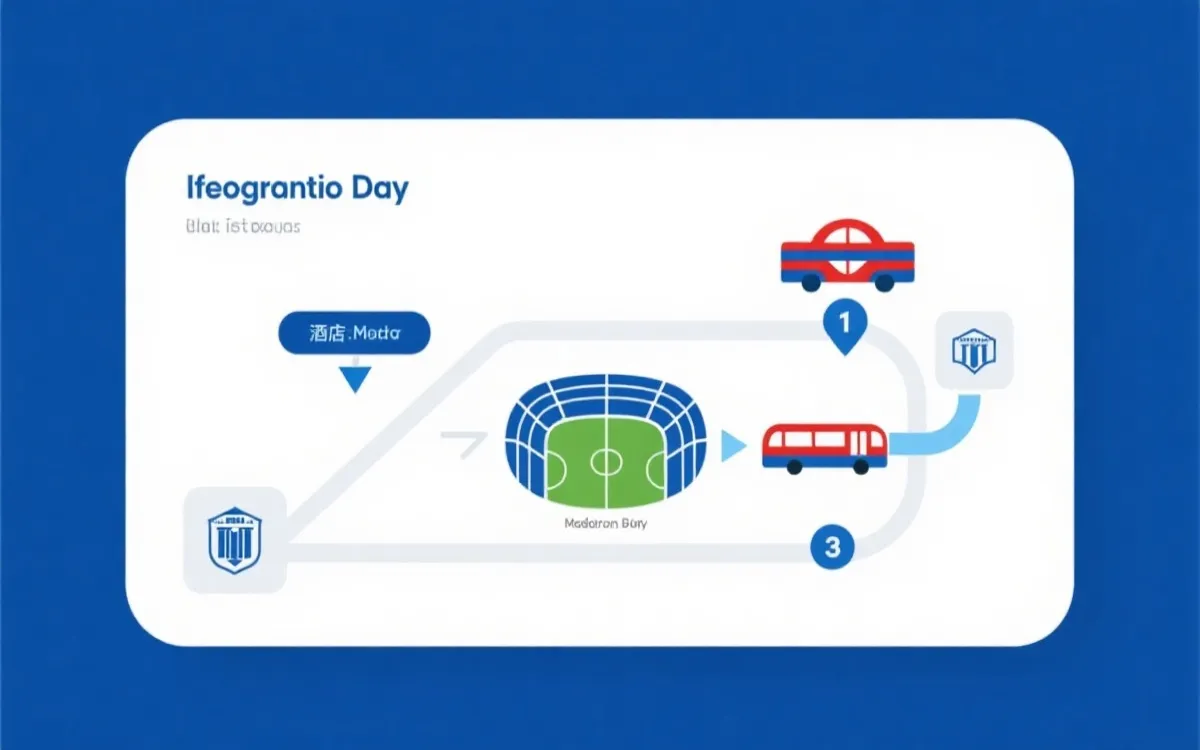 比赛日动线示意：从酒店到地铁站再到球场，夜间沿主街回程