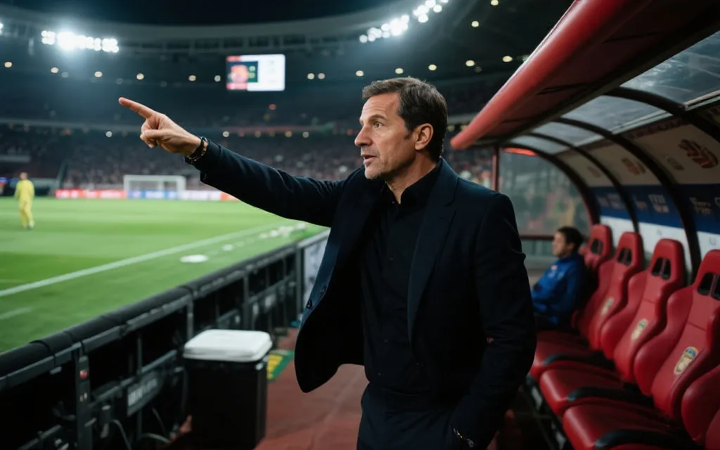 教练席临场指挥：主帅在场边做出简洁手势，背景是球场灯光与紧张氛围