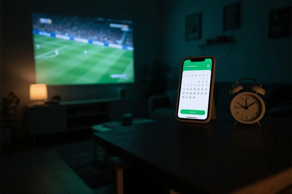凌晨客厅观赛氛围，手机闹钟与日历提醒叠加，投影播放足球比赛的场景