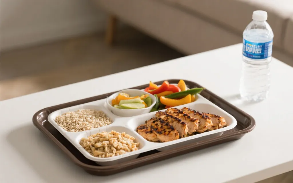 均衡观赛餐盘：全谷物、蛋白、蔬菜与水，简洁清爽风格