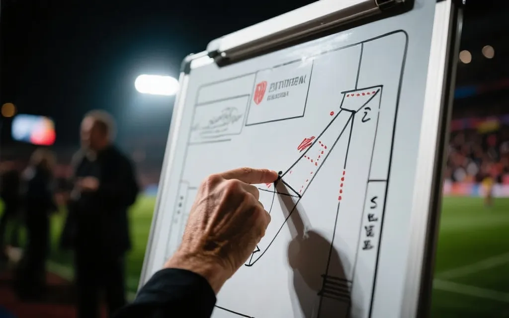 世界杯决赛夜的战术板特写，加拿大队以快速转换和边路纵深为主题的示意