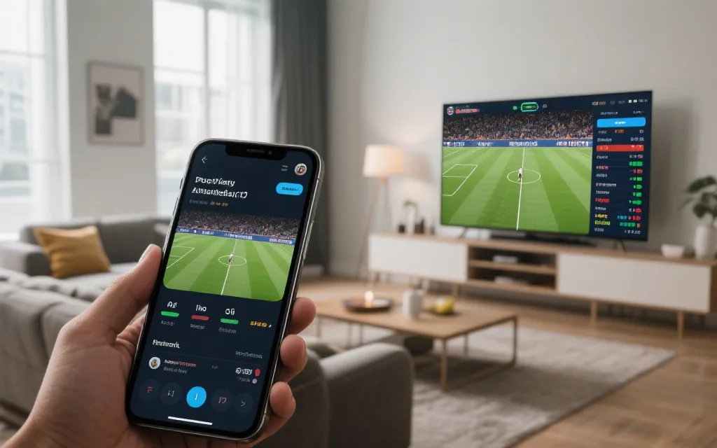 手机与电视并排显示足球直播与数据统计的观赛设置，现代客厅氛围，突出清晰画质与多屏协同