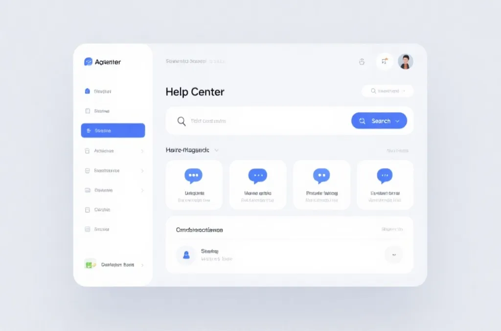 A clean digital dashboard displaying help center categories, search bar, and chat bubble icons, professional flat design